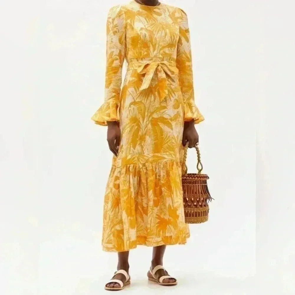 Zimmermann Linen Midi Dress 0 0P Mae Belted Ruffled Long Sleeve Botanical Peplum